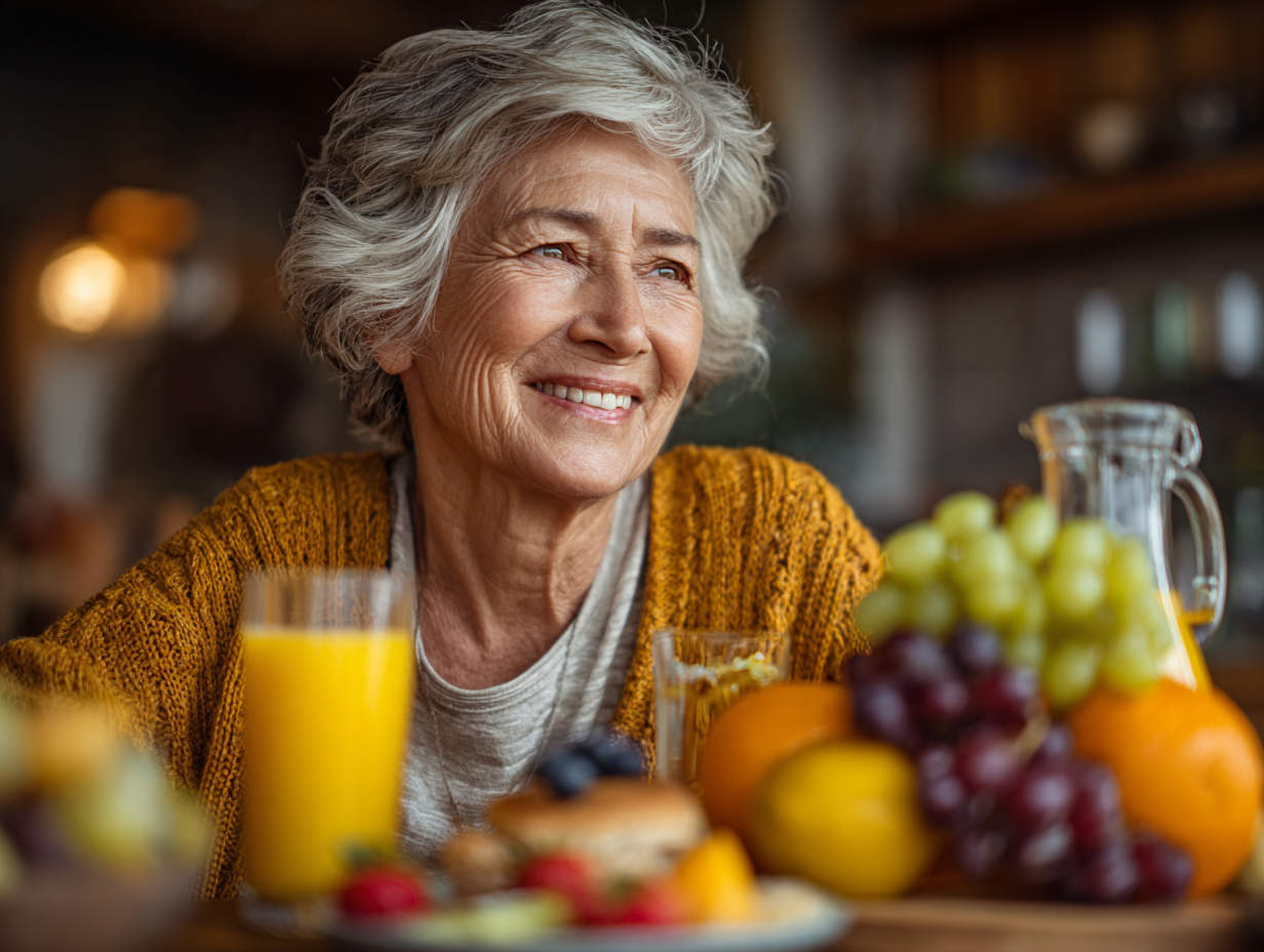 Cuplu de seniori bucurându-se de o masă sănătoasă pregătită conform planului nutrițional personalizat