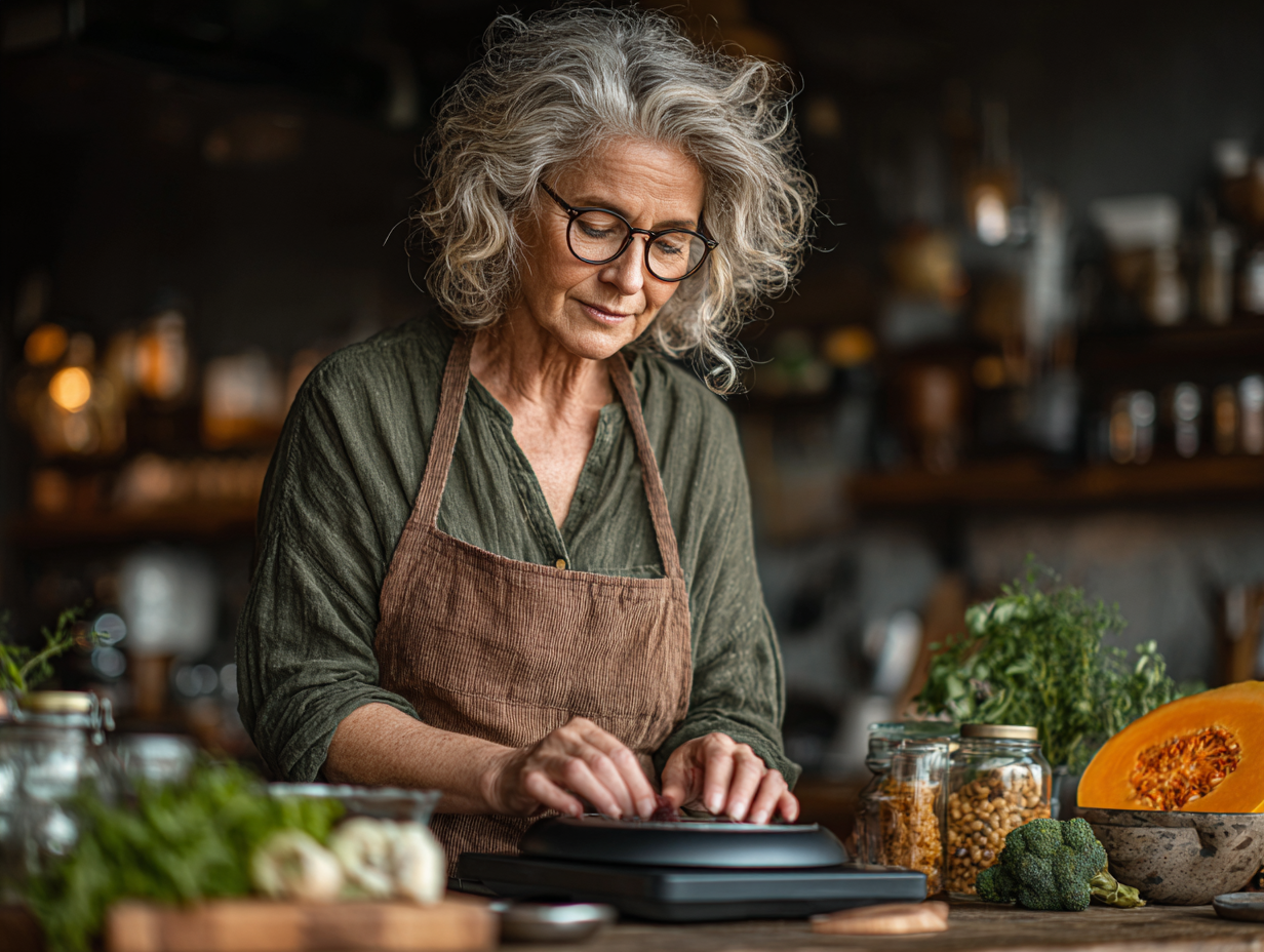 Femeie senior activă și energică în bucătărie, preparând o rețetă sănătoasă din planul nutrițional
